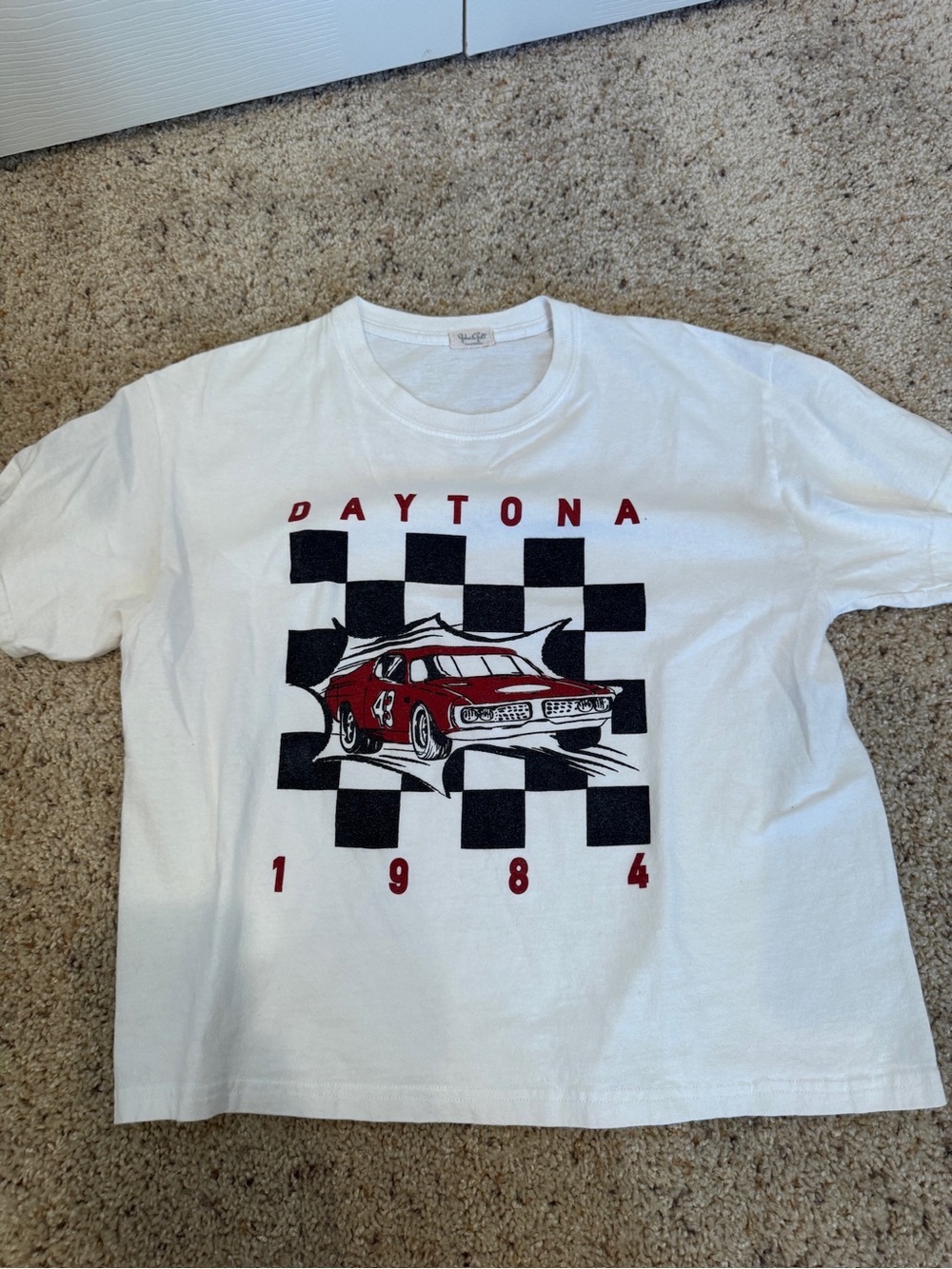 Brandy Melville White Tee with Red & Black Daytona Graphic